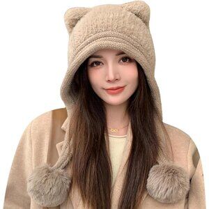 Women Khaki Winter Sherpa Beanie Hats Knit Ear Flaps Peruvian Cover Ears